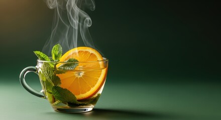 Refreshing mint and orange herbal tea in glass cup with steam and dark background