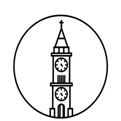 Naklejka premium Black and White Clock Tower Icon in Circular Frame: Minimalist Line Art Design