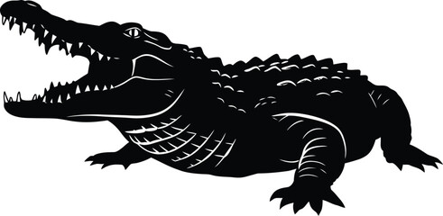 Dynamic black and white crocodile illustration with open mouth, perfect for branding, logo design, wildlife projects, and impactful visual statements