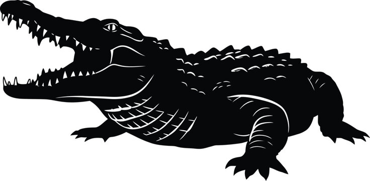 Dynamic black and white crocodile illustration with open mouth, perfect for branding, logo design, wildlife projects, and impactful visual statements