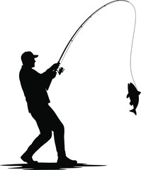 Silhouette of a determined fisherman reeling in a large fish, symbolizing achievement and the thrill of the catch, perfect for outdoor adventure and lifestyle themes