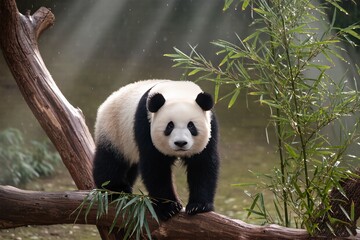 Fototapeta premium A serene panda is perched on a sturdy branch, basking in soft light with vibrant bamboo in the backdrop