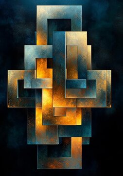 Abstract geometric metal sculpture with a warm inner glow