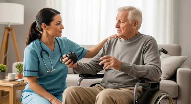 Caring nurse assisting elderly man with rehabilitation exercises at home