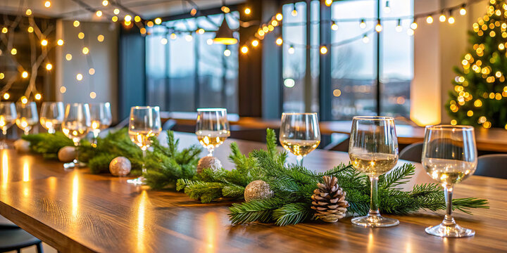 The table is beautifully arranged for a holiday gathering, featuring sparkling glasses of white wine, garlands of pine, and soft ambient lighting creating a warm atmosphere