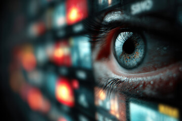 Macro view of human eye looking from multiple digital screens with colorful light. Concept of technology, media consumption and online surveillance