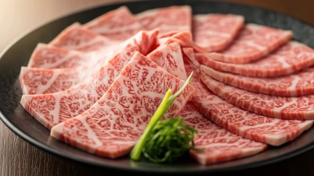Raw beef slices arranged in a decorative pattern