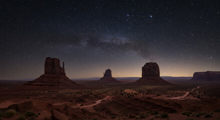 Monument Valley Night Sky: Serene Starry Landscape, Dramatic Rock Formations, Milky Way Panorama