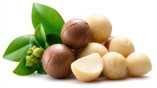 Natural arrangement of whole and halved nuts with green leaves, showcasing rich textures and colors, ideal for food-related projects, health blogs, and culinary design,