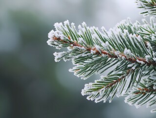 Fototapeta premium Snow covered pine tree branch with snow on it