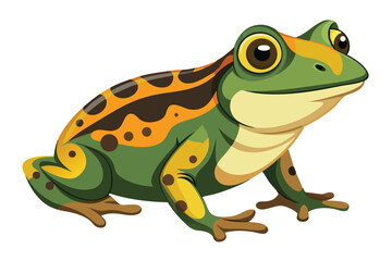 Illustration of a Vibrant Green and Orange Frog Standing Alert on a White Background Cartoon Animal