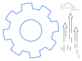 Gear with upward arrows and a small cloud depict themes of teamwork, growth, innovation, and success. Ideal for business, productivity, technology, development, strategy engineering progression