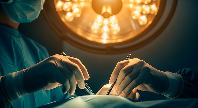 Skilled Surgeon Performing Complex Operation Under Bright Surgical Lights - Powered by Adobe