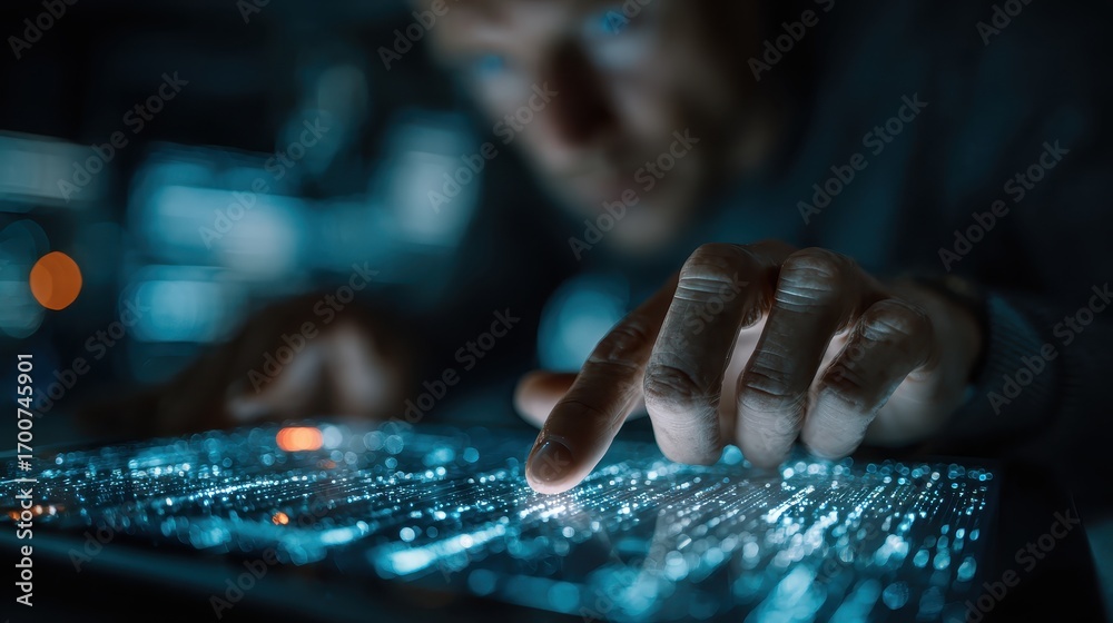 Wall mural man interacts with an advanced digital display, manipulating data using touch gestures in a dark roo