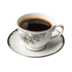 A white coffee cup with a floral design sits on a saucer