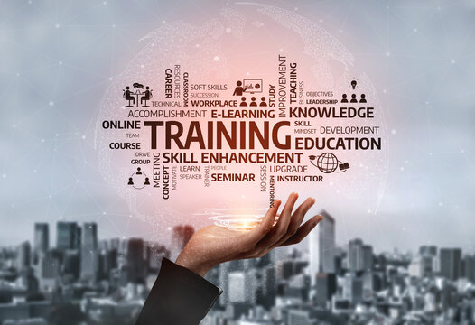 A captivating visual representation of training and education, featuring a hand holding keywords related to skill enhancement and online learning, ideal for professional development themes. Tessel