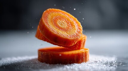 Freshly cut carrot slices appear vibrant and dynamic, with droplets of water adding a touch of freshness, This photo is ideal for food blogs, health articles, or cooking tutorials,