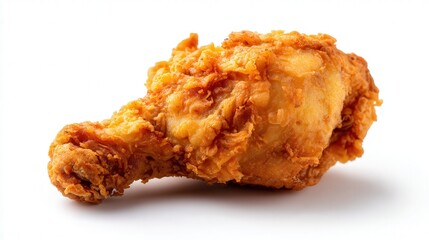 Crispy and golden fried chicken drumstick isolated against a white background, perfect for food blogs, recipes, and menus showcasing delicious fried dishes