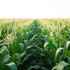 Fototapeta premium Lush green cornfield stretching towards the horizon under a bright sky