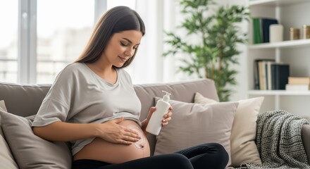 Pregnant woman applying lotion for skincare relaxation in cozy living space