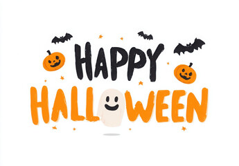 Happy Halloween printable banner with Happy Halloween lettering text, logo, type, vector, slide background for greeting card, bunting, Halloween email signature, gift tags, signs & party invitation