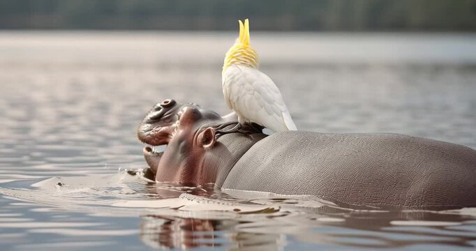 Surreal friendship of a cockatoo bird sitting on a hippopotamus's head