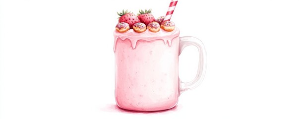 Strawberry Milkshake Mug Watercolor with Mini Donuts and Straw, Beverage, Dessert