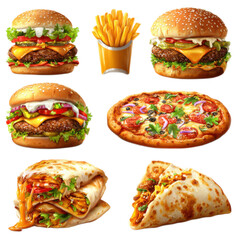 A collection of food items including hamburgers, french fries, and pizza