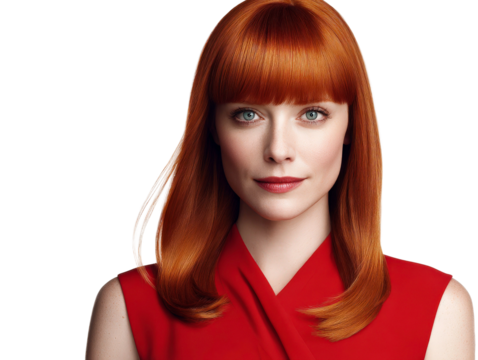 Stunning Redhead Woman with Smooth Hair Wearing Bright Red Outfit, Perfect for Fashion, Beauty, and Lifestyle Themes