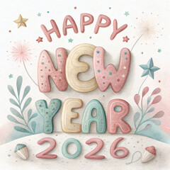 Festive Happy New Year 2026 pastel illustration with 3D clay letters, fireworks, and watercolour textures. Perfect for greeting cards, wallpapers, and elegant holiday celebrations.