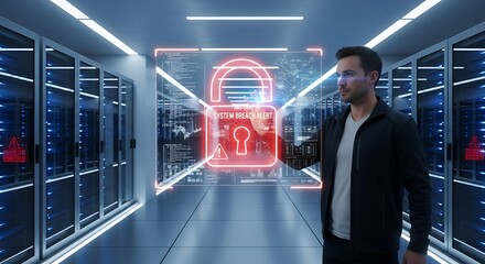 Data center professional interacting with a system breach notification on a futuristic interface