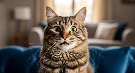 Close-up shot of a tabby cat with wide eyes, sitting on a blue couch, looking surprised.