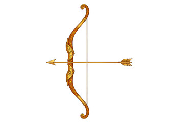 Golden bow and arrow isolated on transparent background. Symbol of Vijaydashmi and Dussehra festival, representing victory of good over evil in Hindu tradition.