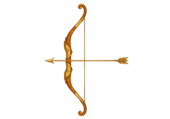 Golden bow and arrow isolated on transparent background. Symbol of Vijaydashmi and Dussehra festival, representing victory of good over evil in Hindu tradition.
