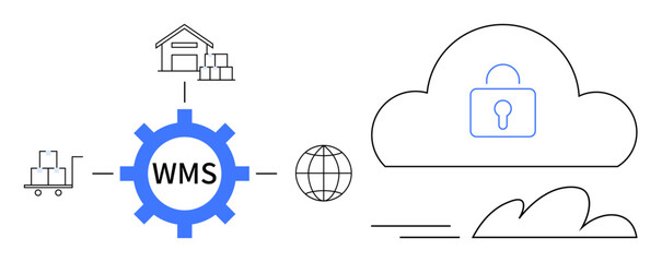 Warehouse gear connects storage and inventory flow to a secure cloud system and global network. Ideal for logistics, inventory, software, cloud storage, data security, connectivity, supply chain