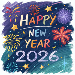 Festive Happy New Year 2026 oil painting with bold brushstrokes, fireworks, and glowing stars. Perfect for greeting cards, wallpapers, and celebratory digital artwork.