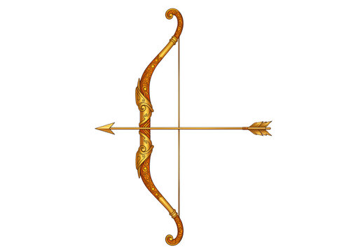 Golden bow and arrow isolated on transparent background. Symbol of Vijaydashmi and Dussehra festival, representing victory of good over evil in Hindu tradition.
