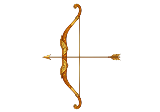 Golden bow and arrow isolated on transparent background. Symbol of Vijaydashmi and Dussehra festival, representing victory of good over evil in Hindu tradition.