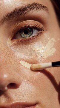 Macro close-up of applying concealer under a woman's eye with a brush