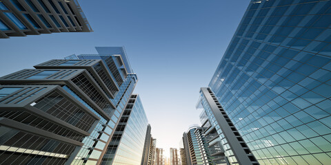 Fototapeta premium 3D rendering of modern building in perspective view with open empty sky background. Contemporary urban architecture suitable for real estate, property and concepts of investment and city development.
