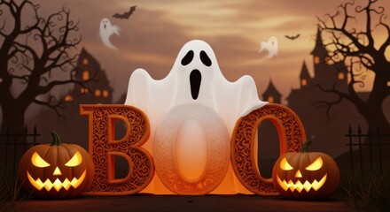 A friendly ghost and glowing pumpkins spell out boo with spooky trees and haunted houses in the background