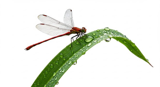 Red dragonfly delicately rests on dew-kissed blade of grass brightly lit. AI Generated - Powered by Adobe