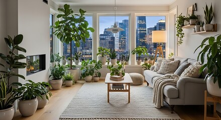 Cozy Urban Jungle Living Room with City View.