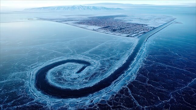Aerial view of a frozen landscape showcasing a serpentine waterway surrounded by ice, with a town in the background, Ideal for nature documentaries, travel blogs, and winter tourism promotions,