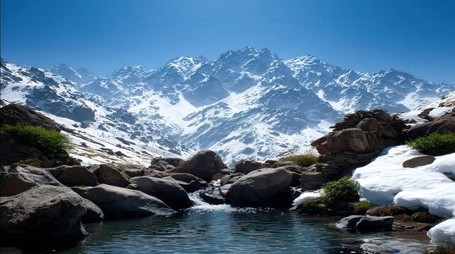 A serene mountain landscape features snow-capped peaks against a clear blue sky, with a gently flowing stream amidst rocky terrain and lush greenery, Perfect for travel, nature, or outdoor themes, - Powered by Adobe