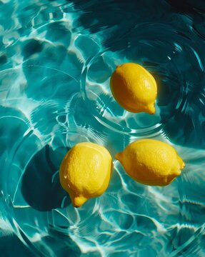 Three yellow lemons floating in a turquoise swimming pool on a sunny day