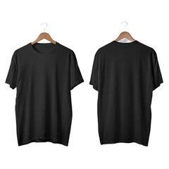 A black shirt with a white collar hanging on a hanger