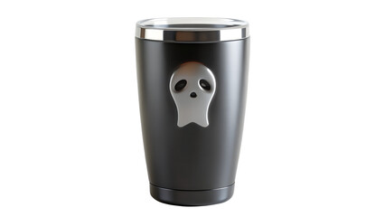 Black tumbler with silver ghost emblem drinkware isolated on a transparent background.