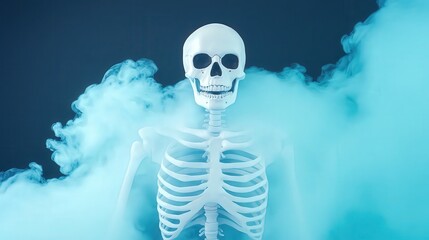 A lifelike skeleton stands amidst a cloud of blue smoke, creating a mysterious and atmospheric scene, This image is ideal for Halloween-themed promotions, educational content