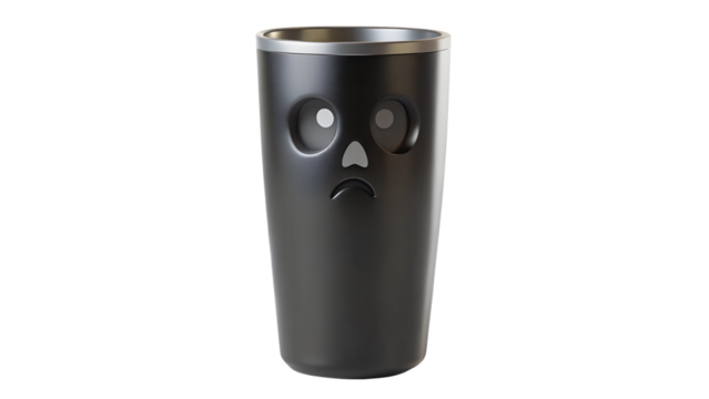 Black tumbler with sad ghost face drinkware isolated on a transparent background.